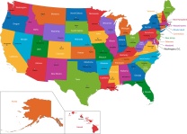 Colorful USA map with states and capital cities